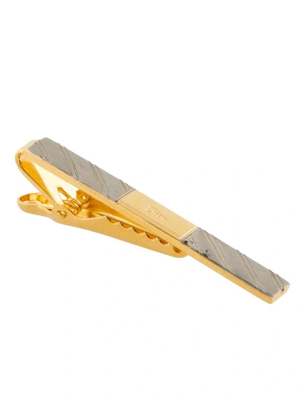 Dior Gold and Silver Tone Diagonal Stripe Cufflinks & Tie Clip Set